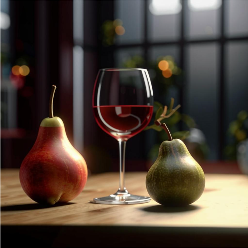 glass of wine and pear on the table