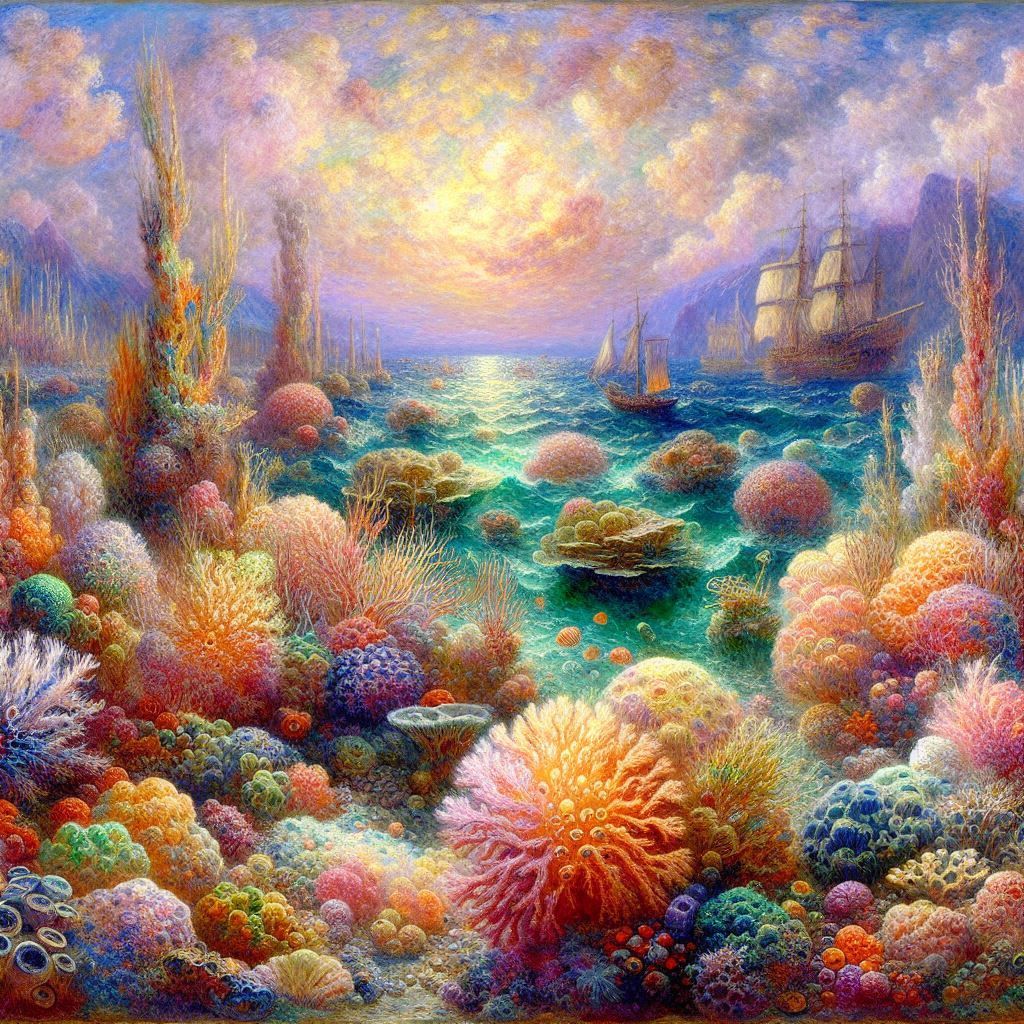 Coral reef and sail ship