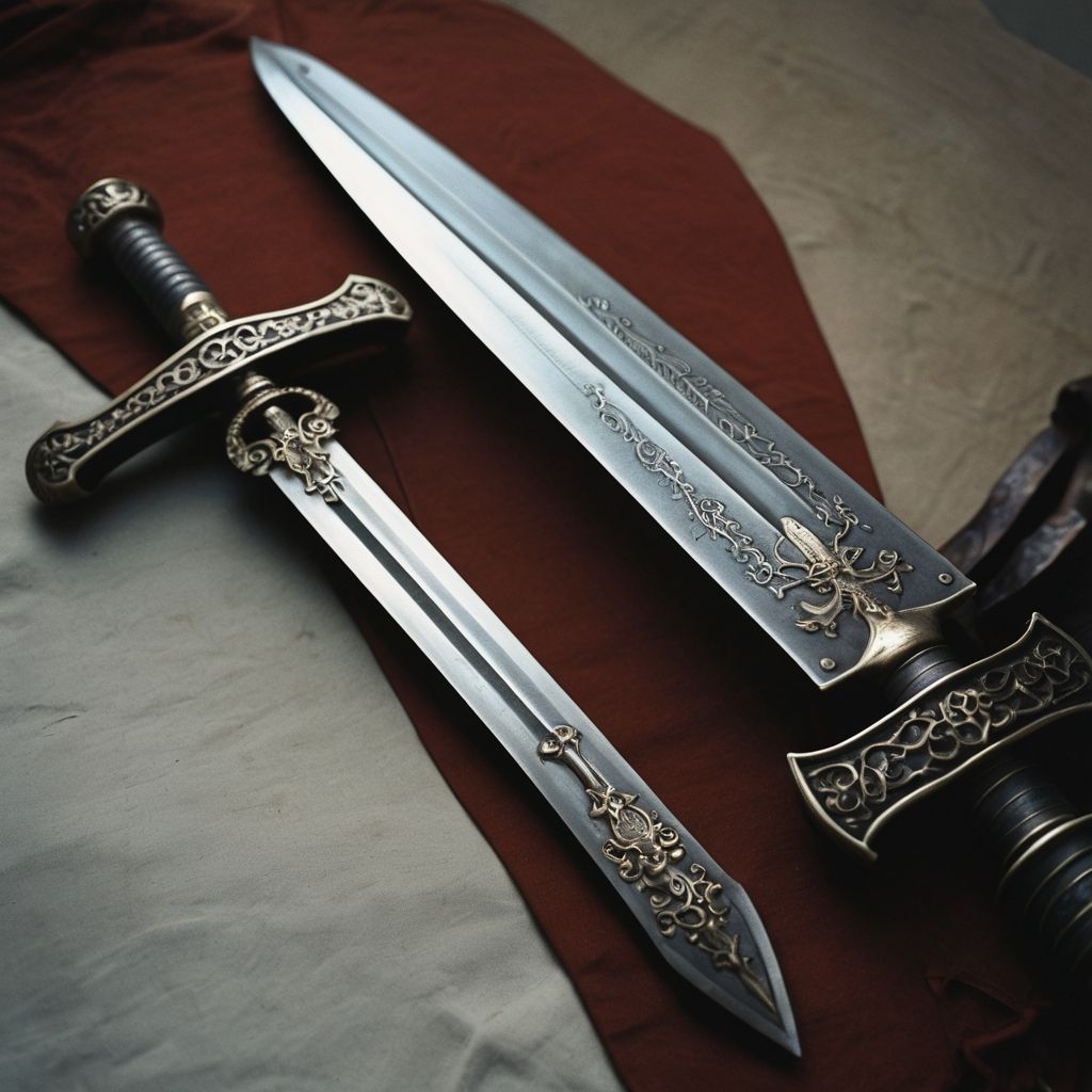 А sword made of steel with the engraving of a knight