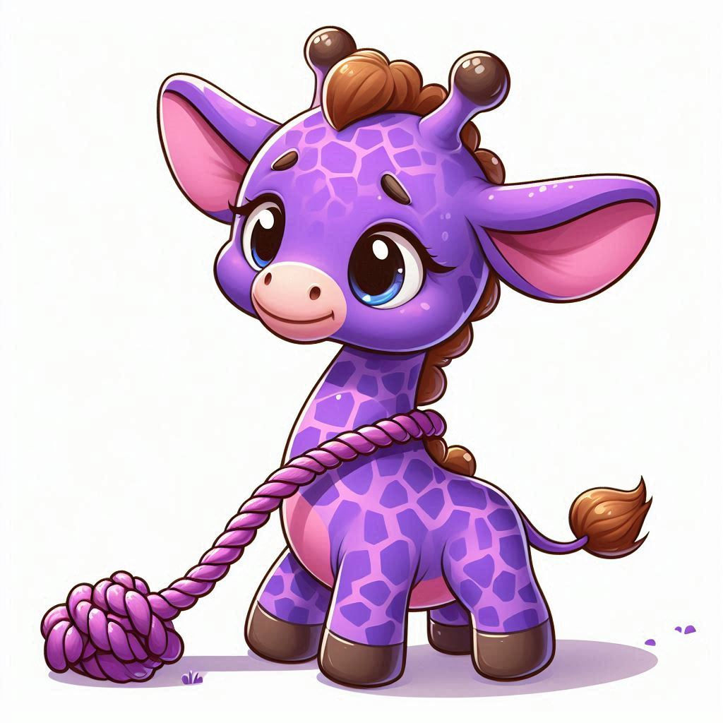 A purple giraffe that is playful and wants to play with a rope but cant because of its height