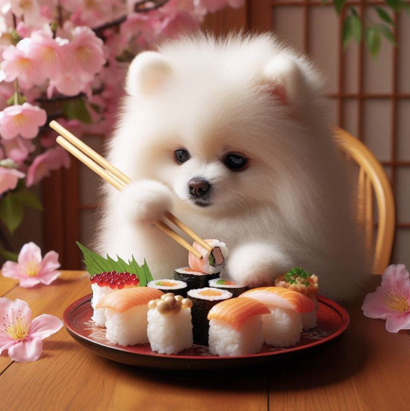 White Pomeranian eating sushi