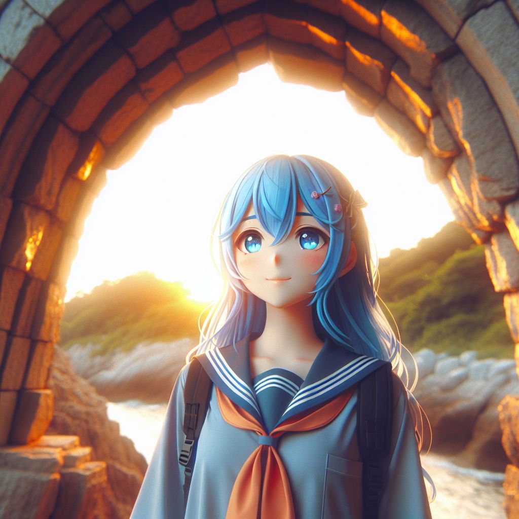 4K Anime girl  blue hair  upper body  looking up  light smile  looking back to us  school uniform  kawaii  the setting sun