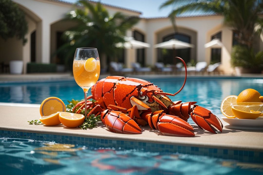 DreamShaper_v7_A_majestic_lobster_lounging_by_the_pool_sipping_1