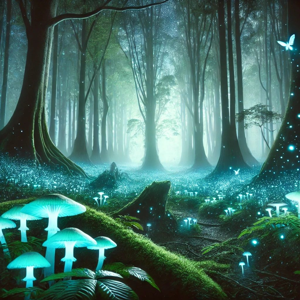 An enchanting and mysterious forest illuminated by glowing mushrooms and bioluminescent plants. A soft mist covers the ground, while magical creatures