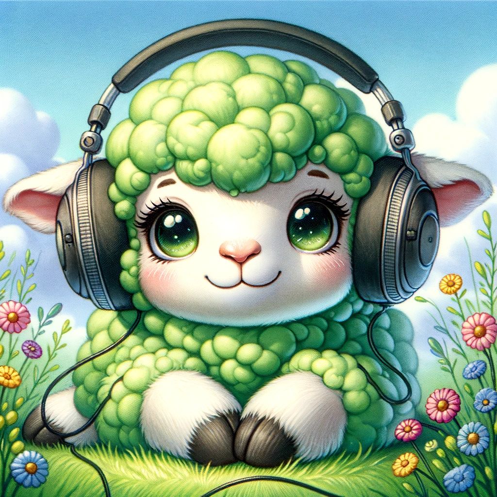 A green sheep listening to a Sonata