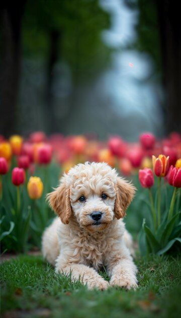 Adorable portrait pet surrounded by flowers