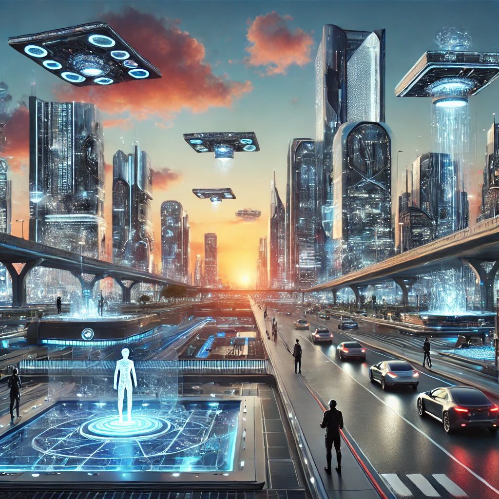 Explore a sleek, high-tech metropolis with neon-lit skies, robotic citizens, and flying cars in this vision of the future