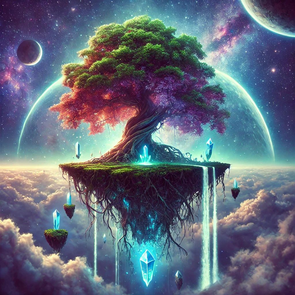 DALL·E 2024-08-22 23.36.44 - A surreal scene of a floating island in the sky, with a massive tree at the center, its roots visible underneath the island and intertwining with glow