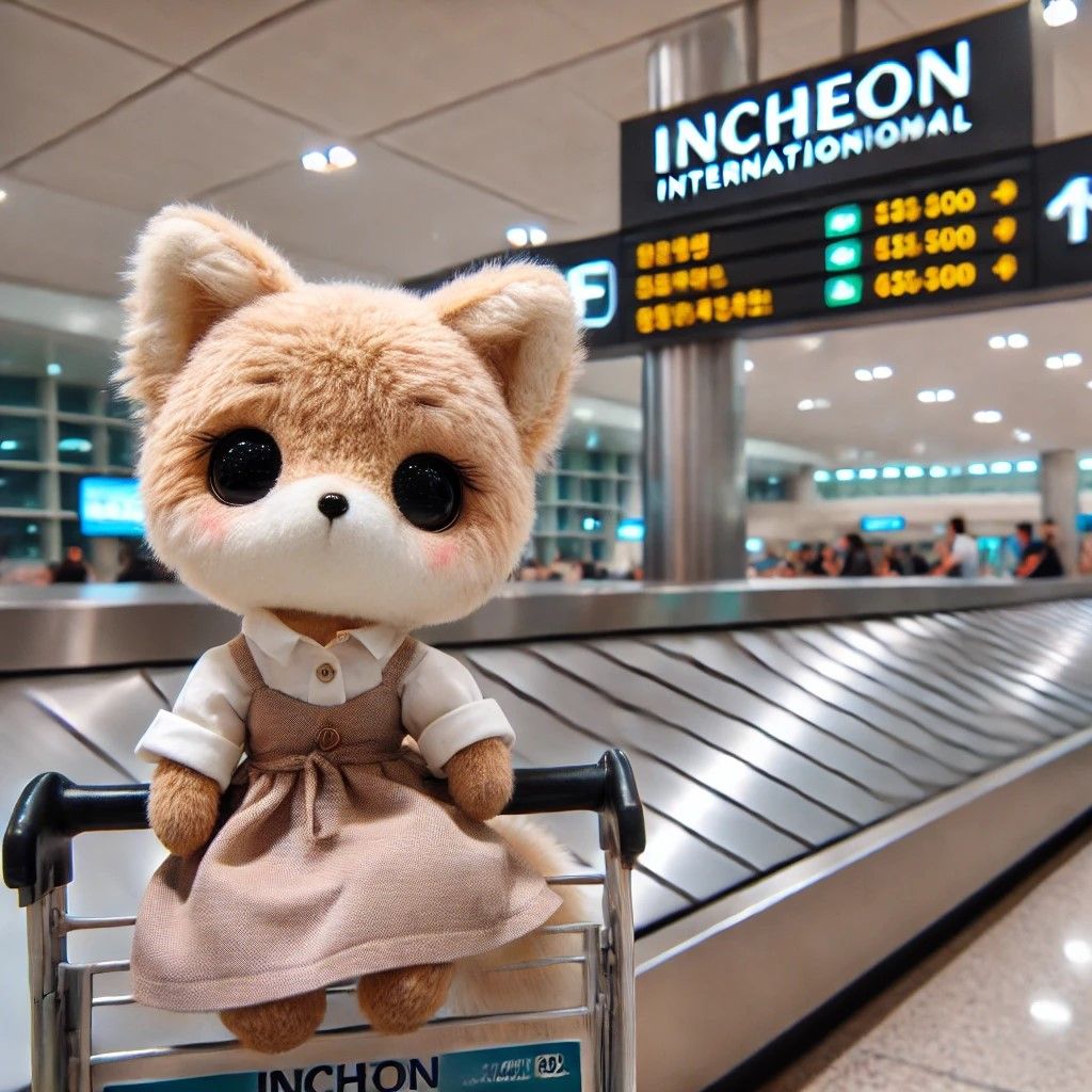 waiting for her luggage at Incheon International Airport