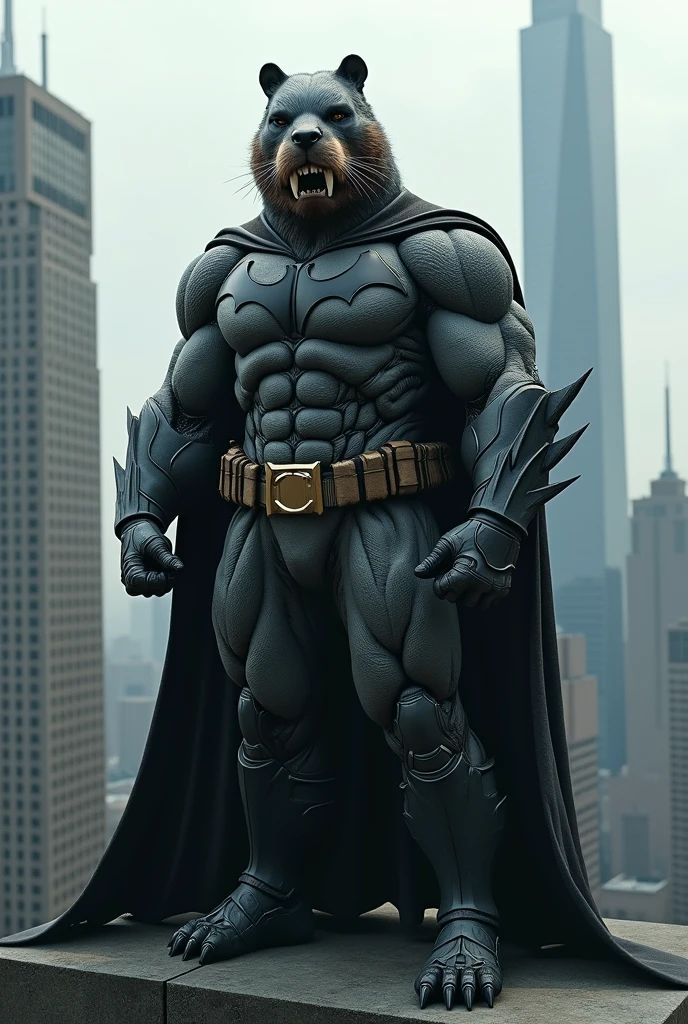 Beaver Batman stands on a skyscraper