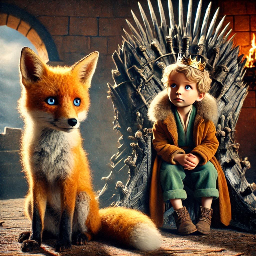 The little prince sits on the throne after peace reigns over the world