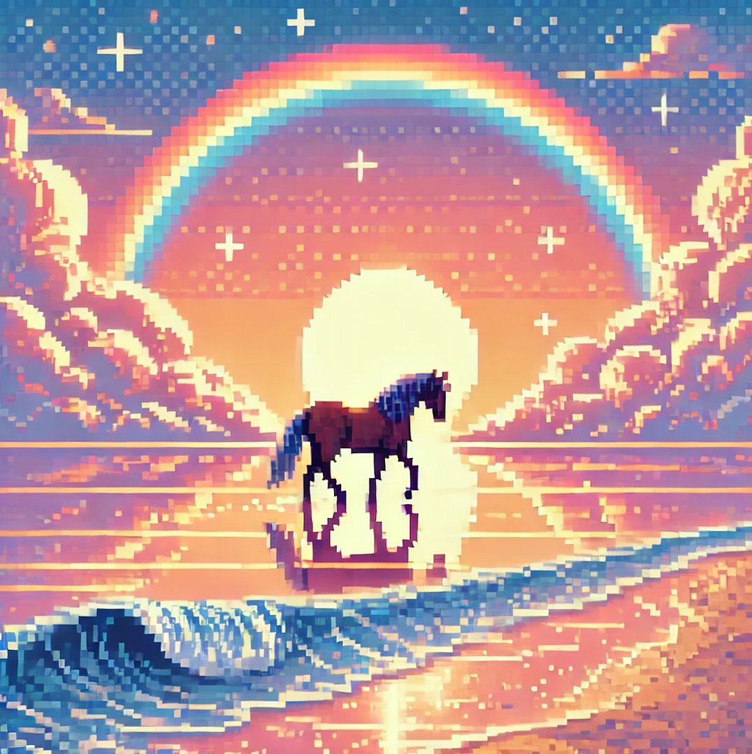 Pixelated Dawn: The Horse's Journey