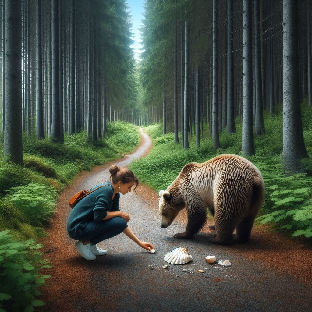 Forest bear picking up dropped white seashell earrings