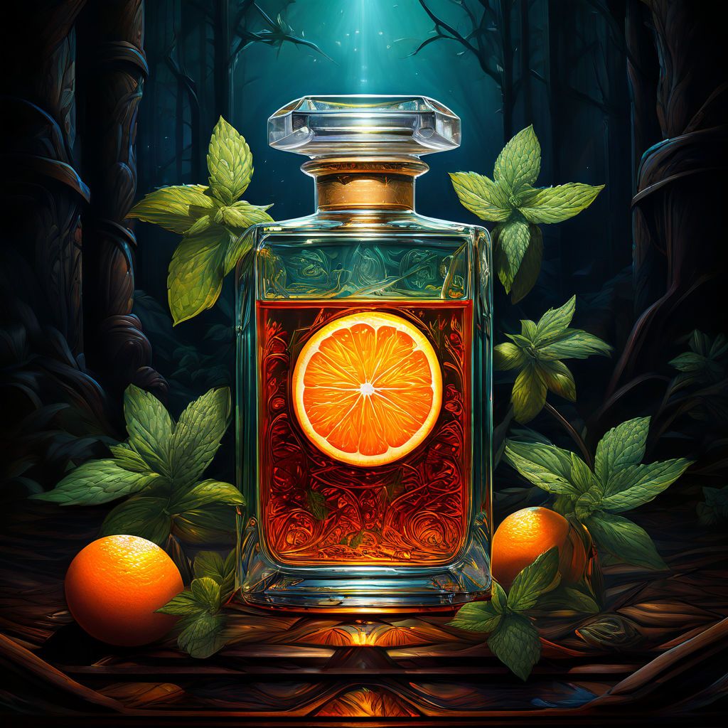 Orange mint perfume in a glass bottle