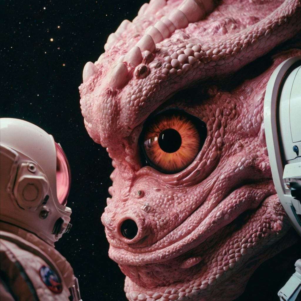 A pink eye dragon with cosmonaut