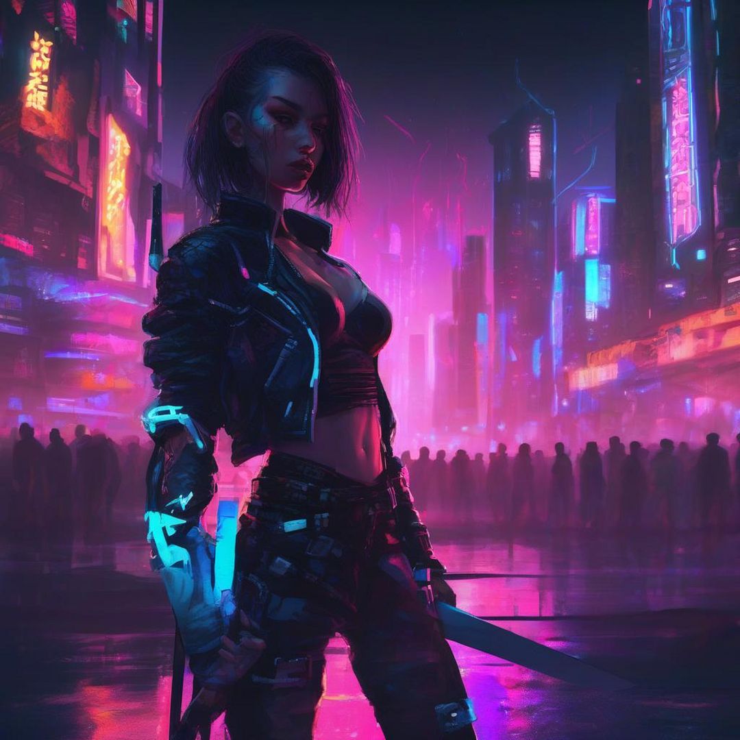 girl with sword, cyberpunk, night neon city