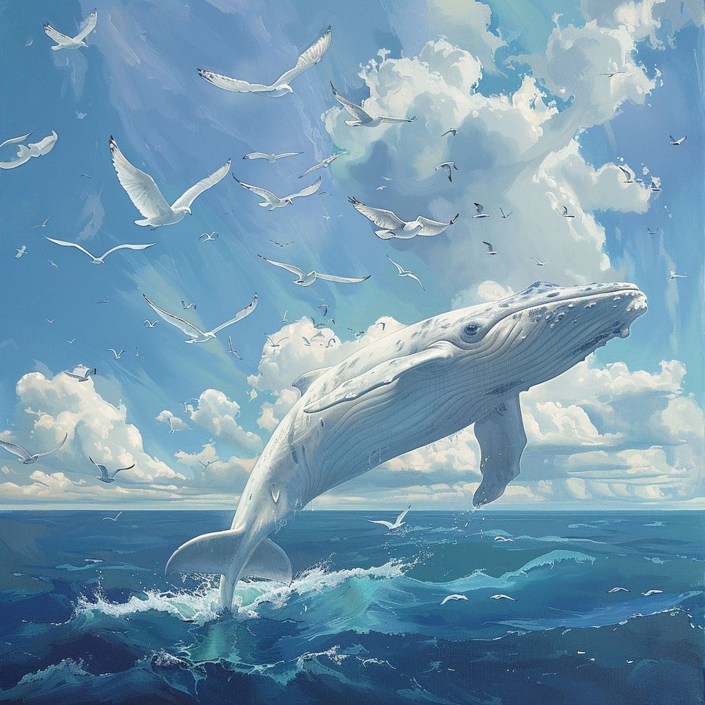 Flying whale and seabirds