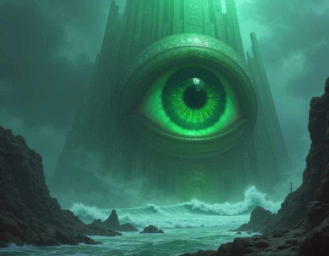 An all-seeing eye of green color on a large tower that stands on the seashore