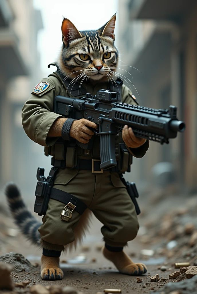 A cat with a minigun in a military uniform