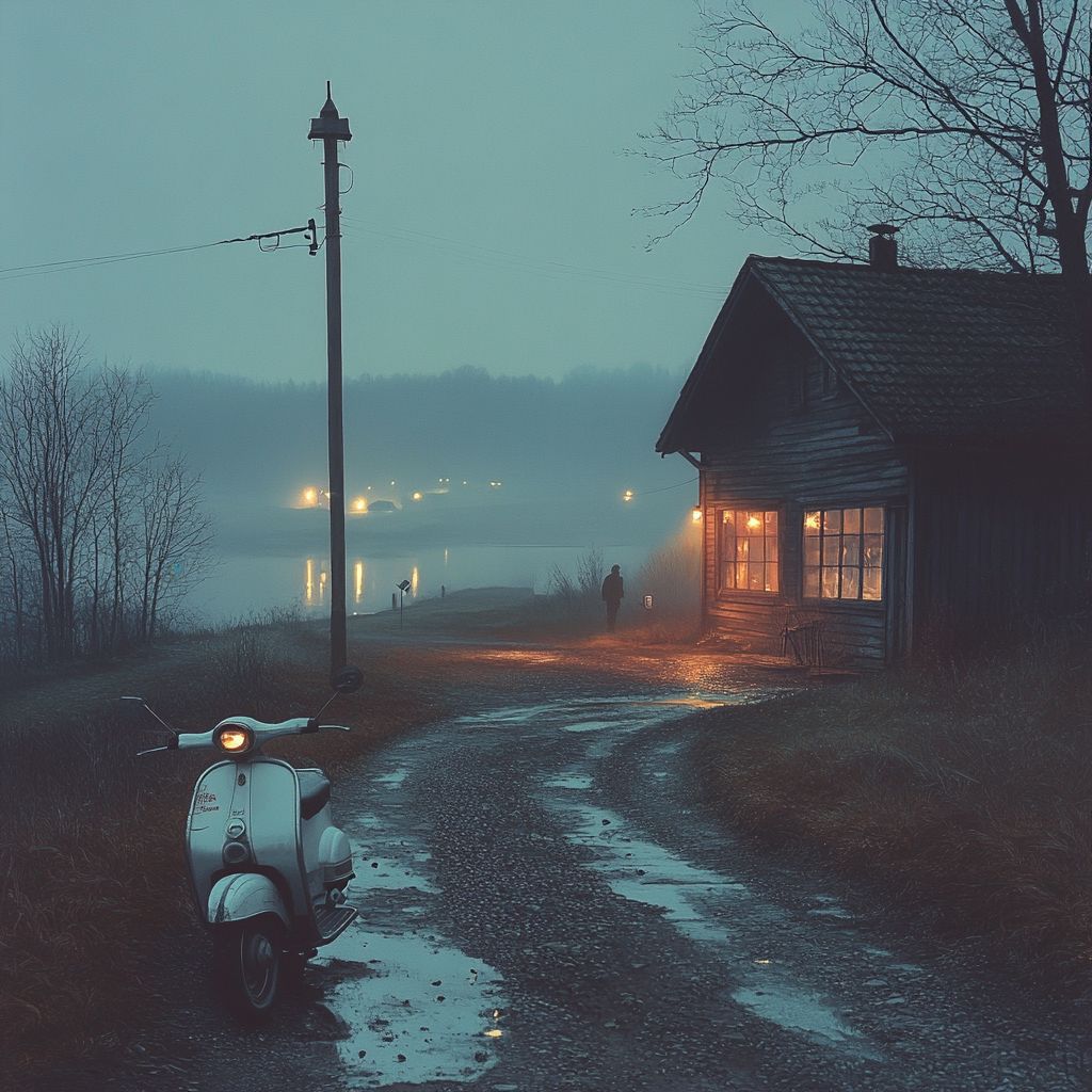 A dark, mysterious rural landscape at dusk