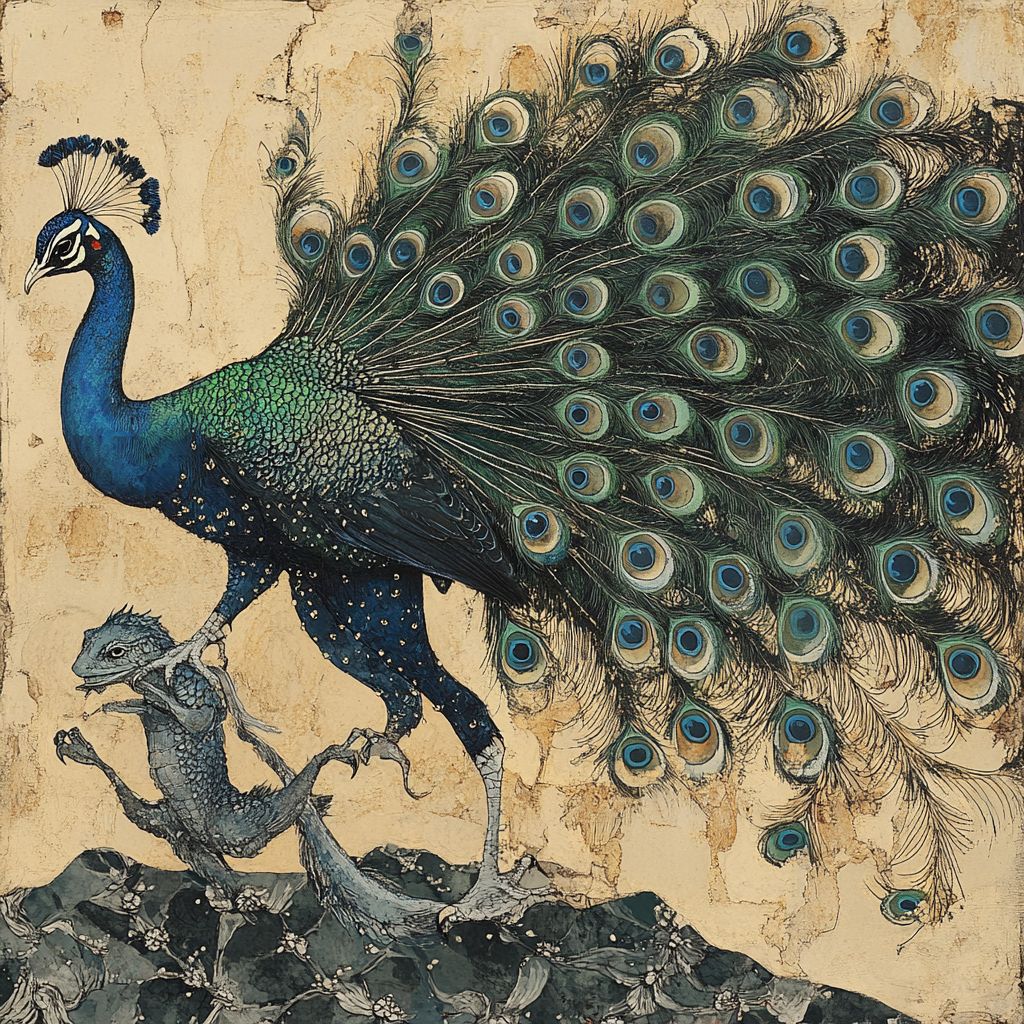 Peacock and lizard