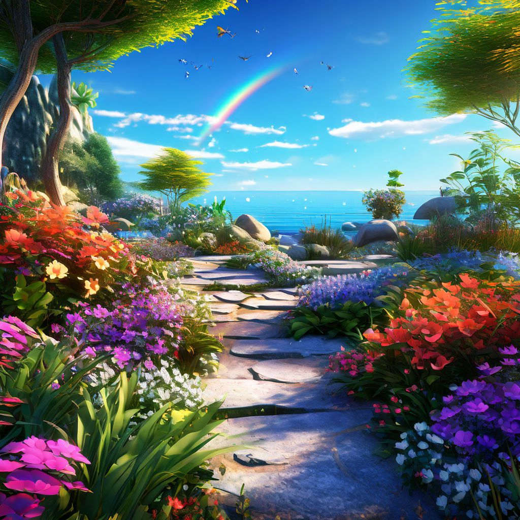 a rainbow-colored garden by the fresh sea