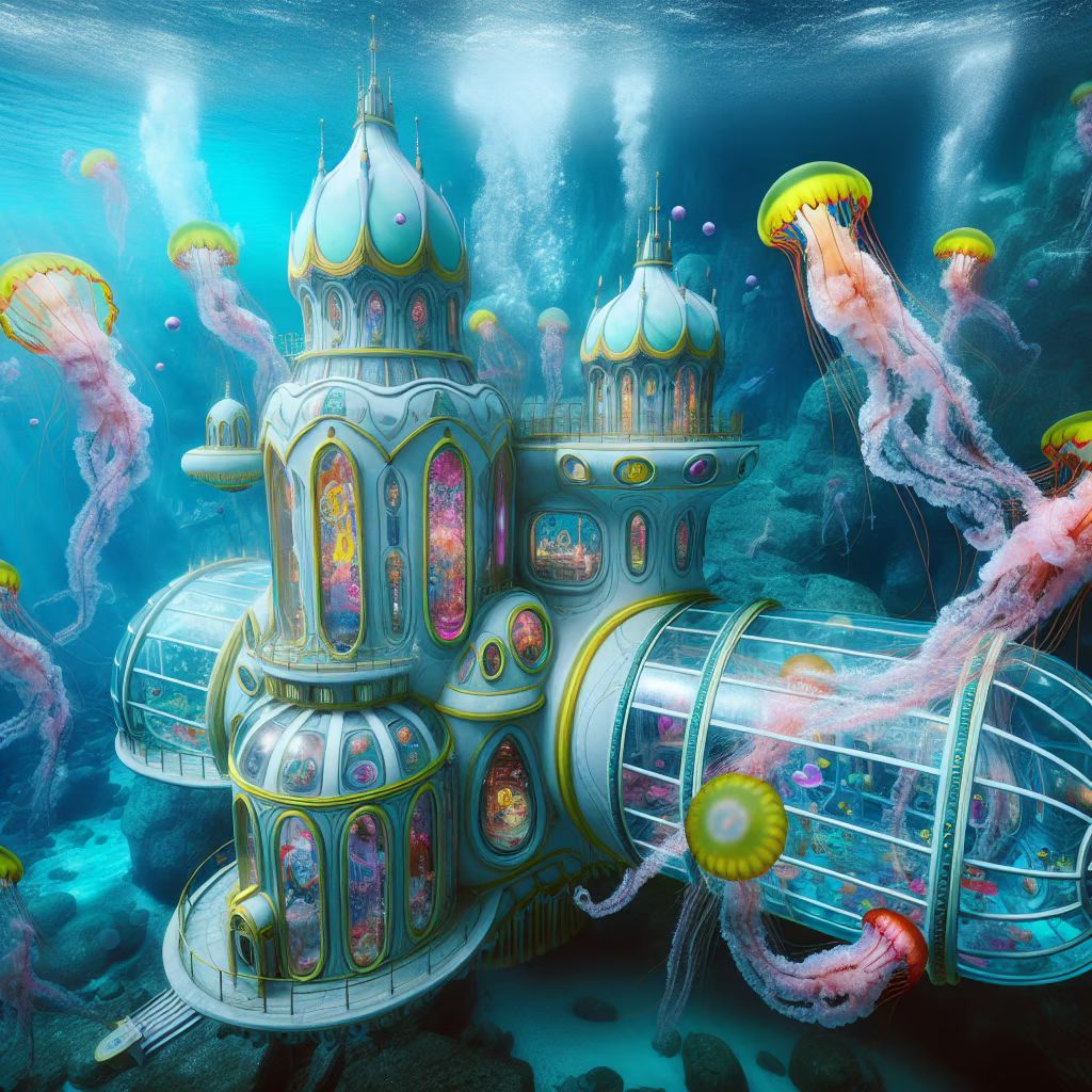 Jellyfish and castle-shaped submarine