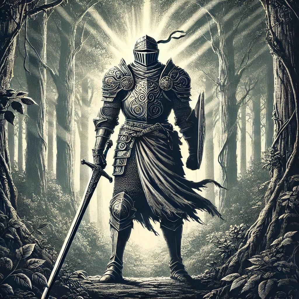 A brave knight in shining armor stands ready in a mysterious forest, embodying adventure and courage