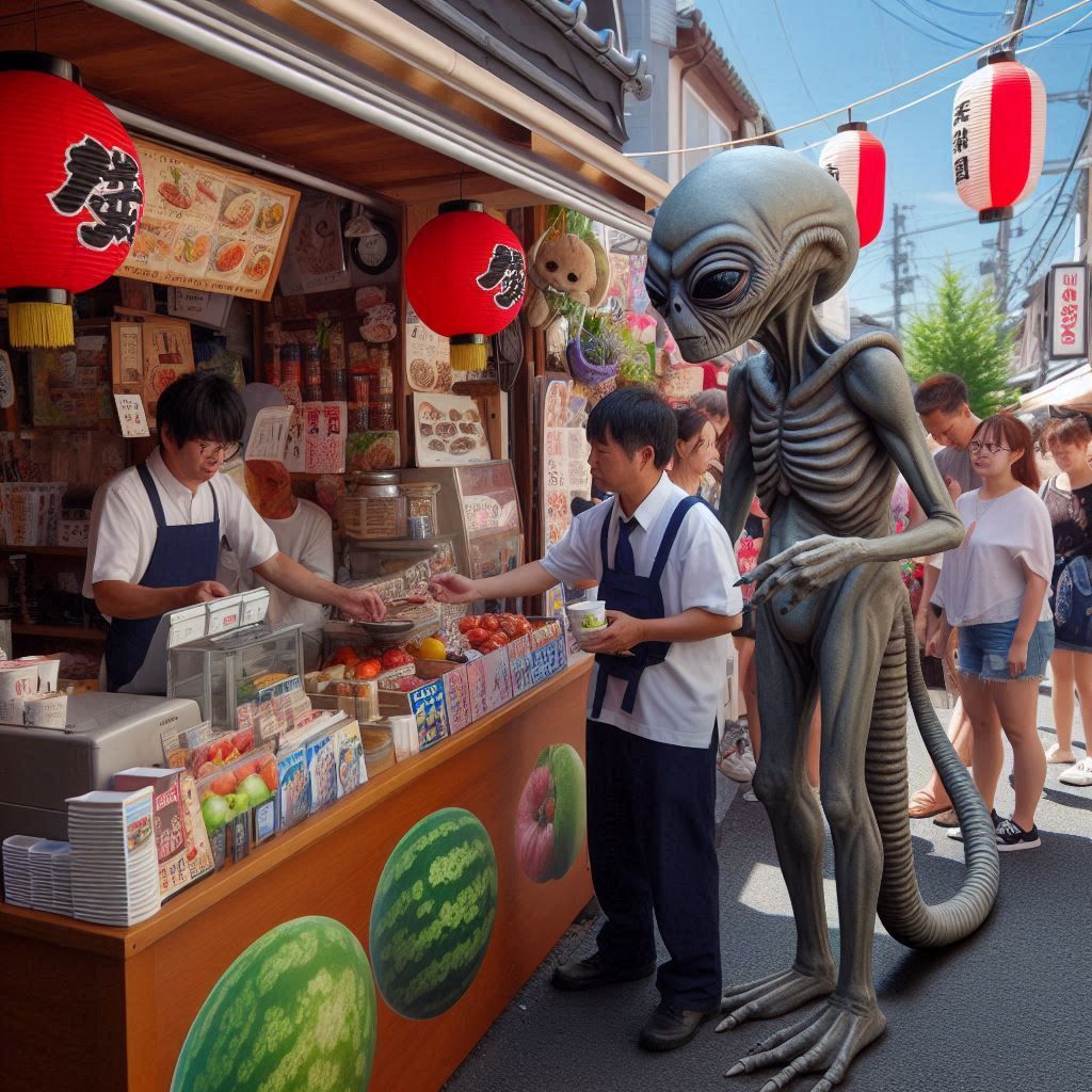 An alien enjoying street food at a Japanese stall.