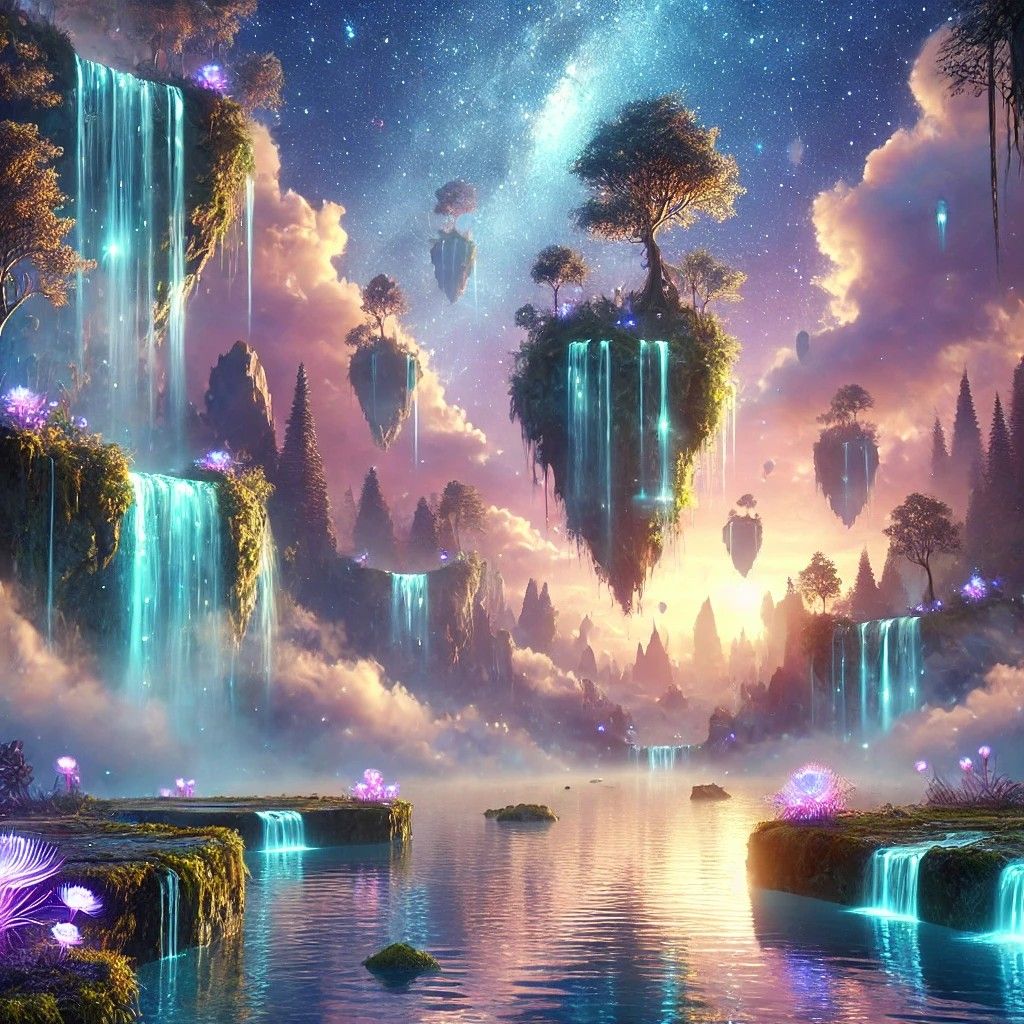 fantastical landscape featuring floating islands