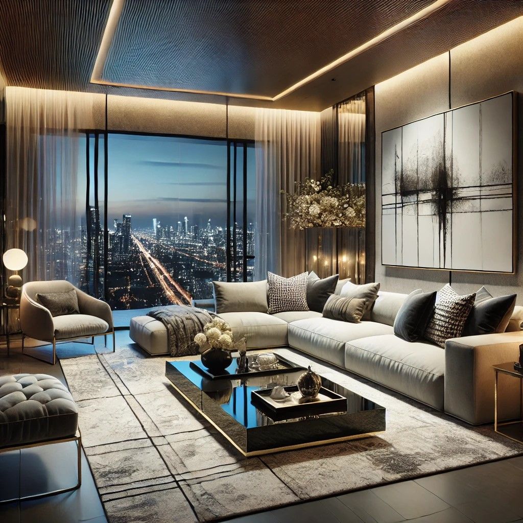 Sophisticated Elegance: Modern Living Room with a Panoramic City View