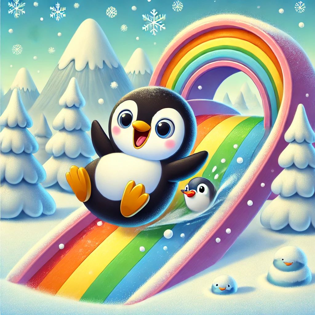 45. A playful scene of a penguin sliding down a rainbow in a snowy landscape