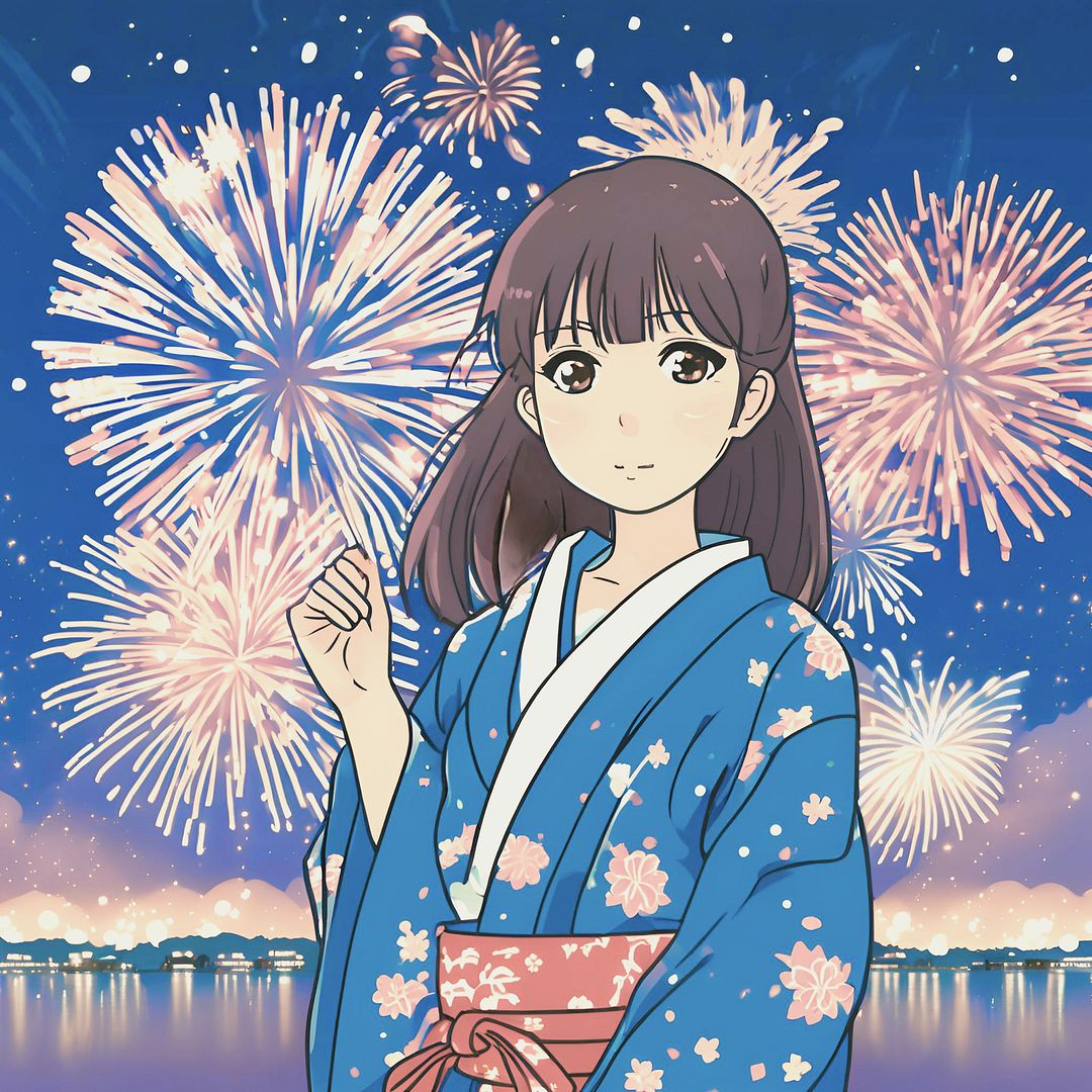 "A girl in a yukata watching fireworks."