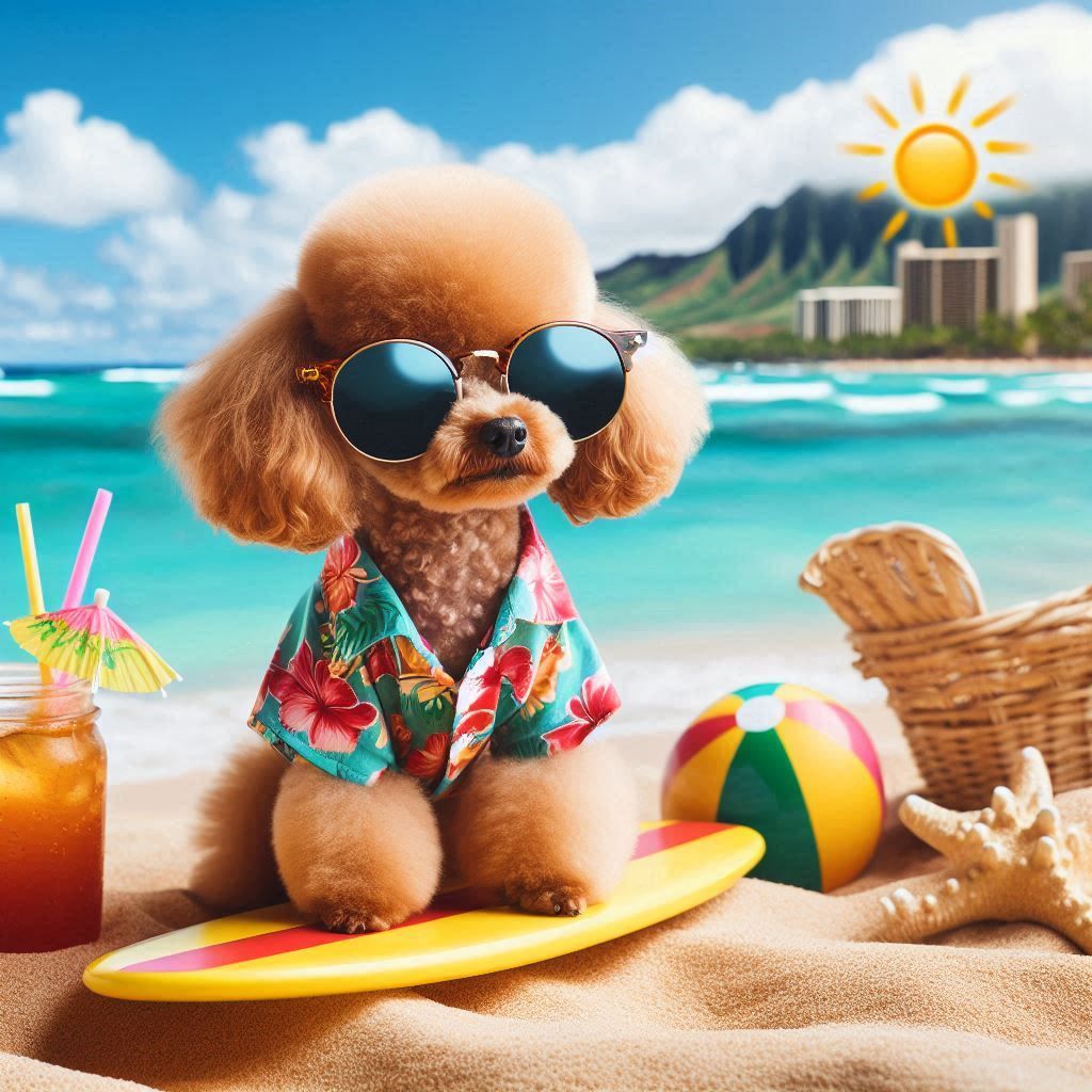 A Toy Poodle vacationing at Waikiki Beach in Hawaii