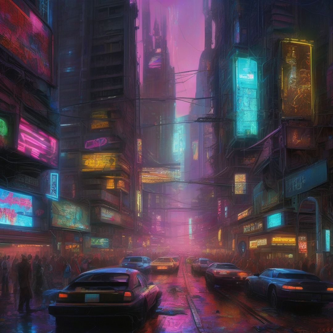 In the electric chaos of a cyberpunk cityscape