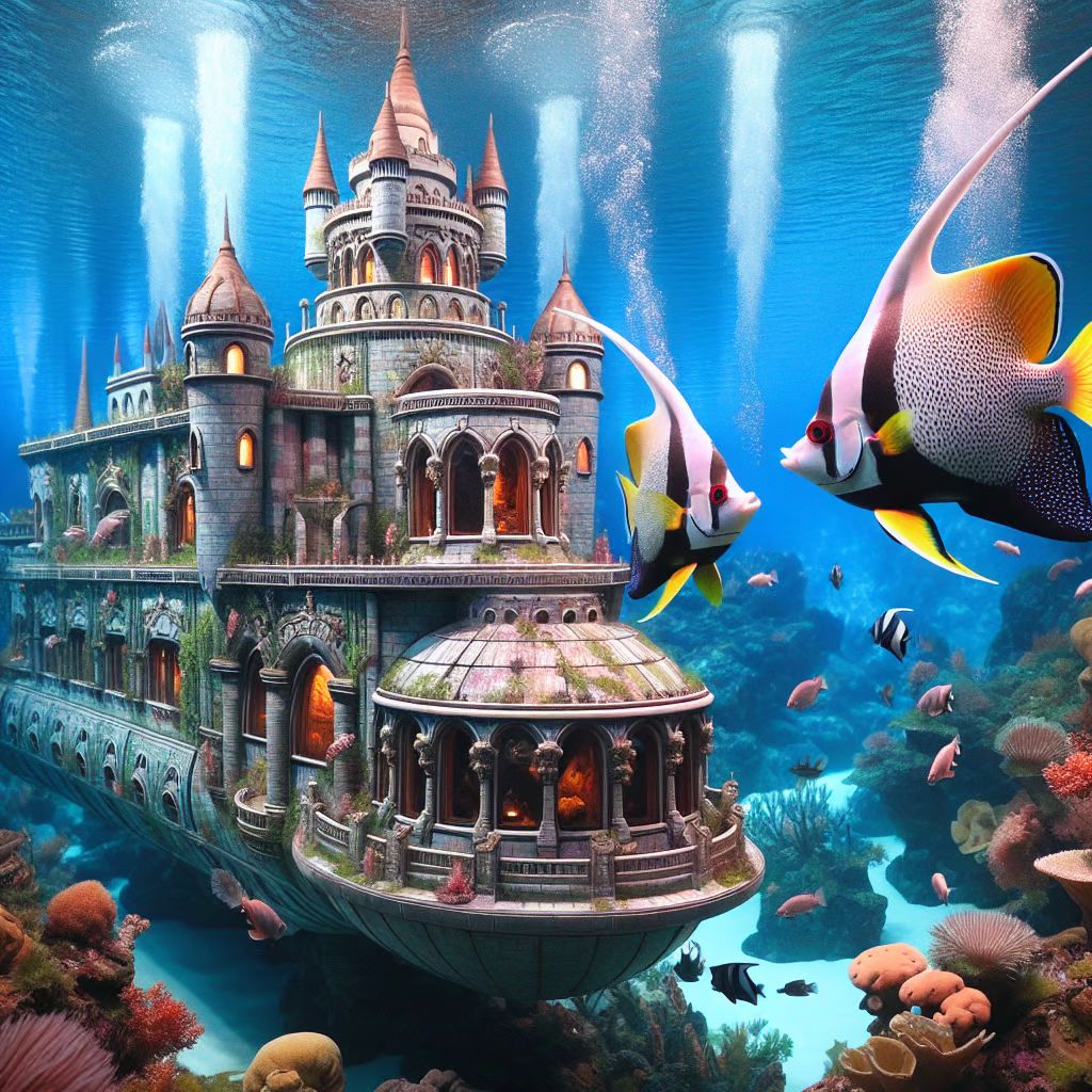 Saltwater fish and castle-shaped submarine