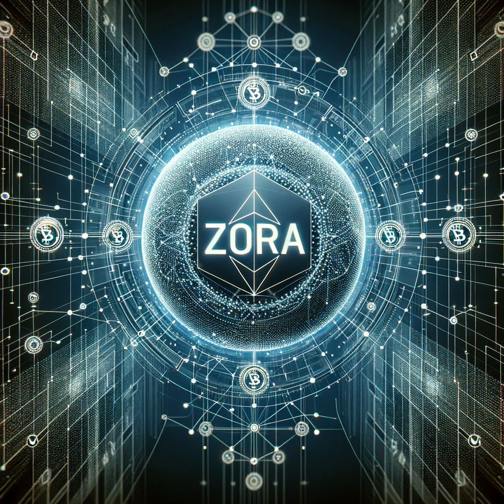 DALL·E 2024-01-29 01.33.27 - An image of a blockchain network background with the text 'Zora' prominently displayed in the center. Below or creatively integrated into the image, i