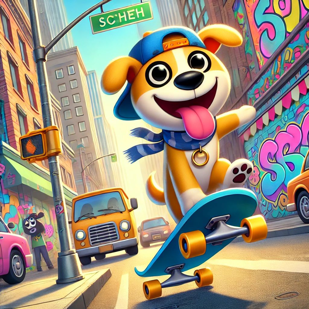 40_joyful scene of a dog riding a skateboard in a busy city street with colorful graffiti on the walls