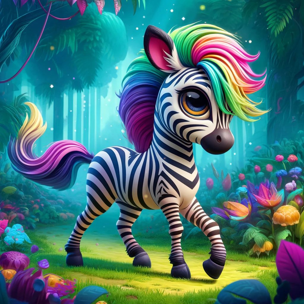 DALL·E 2024-04-10 13.48.03 - Create a whimsical and colorful zebra character standing in a lush, magical forest. The zebra has a unique twist to its stripes, featuring a rainbow o