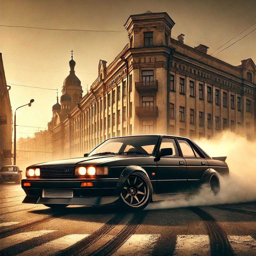 DALL·E 2024-08-24 14.48.20 - A dynamic scene featuring a black Toyota Chaser JZX100 drifting sideways on a street in an old Soviet-era city. The car is depicted in motion, with sm