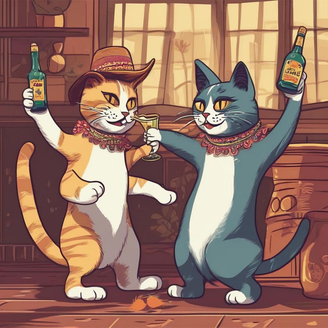 cats are dancing and drink tequila