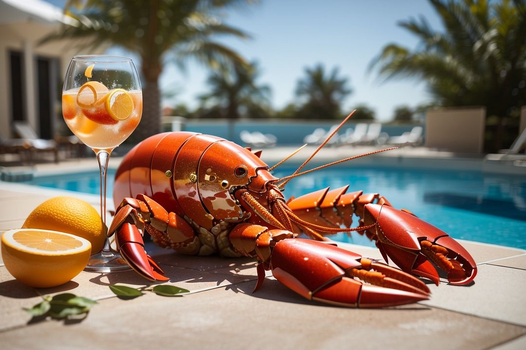 DreamShaper_v7_A_majestic_lobster_lounging_by_the_pool_sipping_3