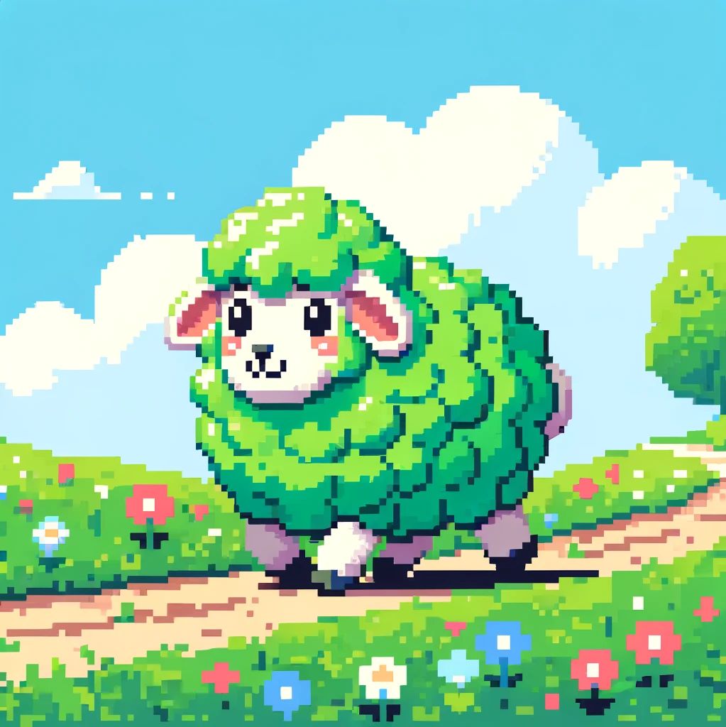 A green sheep going back home