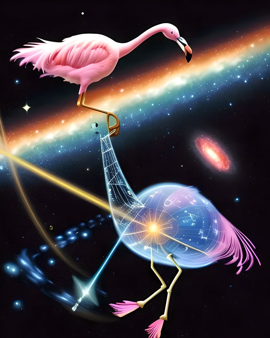 a holographic flamingo-shaped cytoplasm rocket