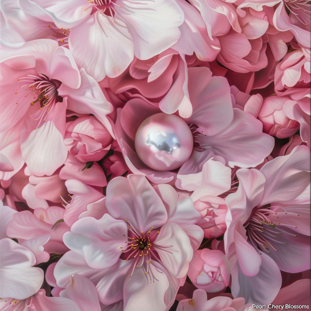 A painting featuring a pearl amidst cherry blossoms