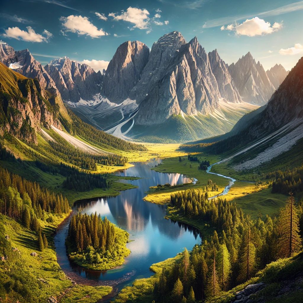 A serene mountain landscape with a clear blue sky, towering peaks, and a lush green valley with a winding river.