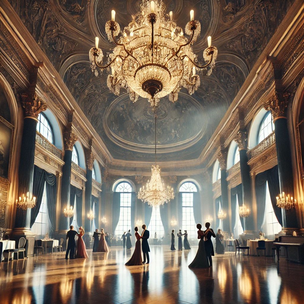 An elegant ballroom with a grand chandelier and people dancing in formal attire.