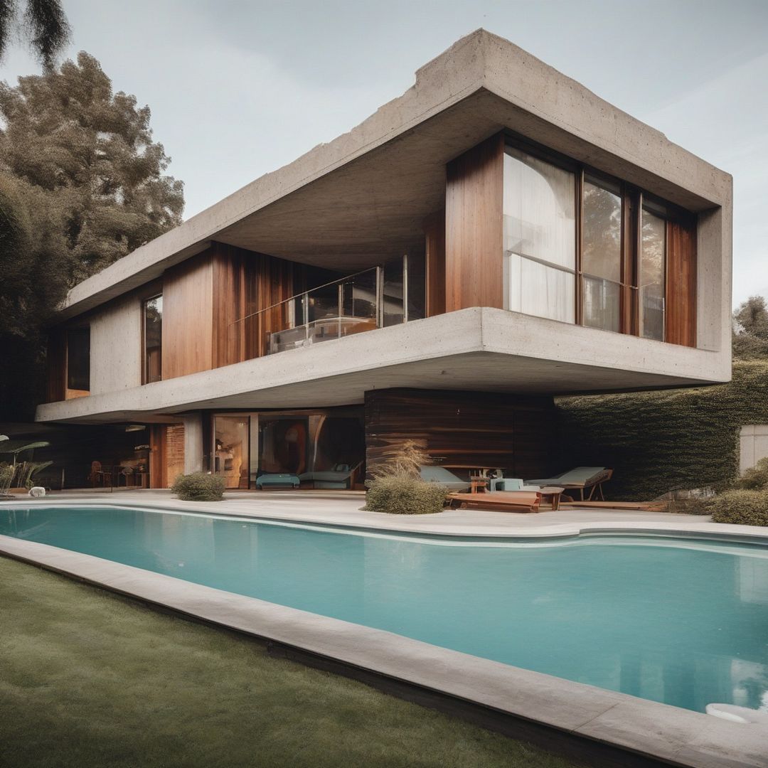 A retro concrete mansion with a modern architectural design and a swimming pool, surrounded by wood and walls with a tiled roof.