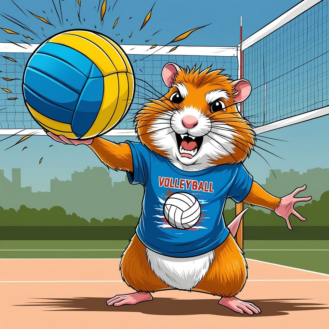 brutal hamster holding a yellow-blue volleybal