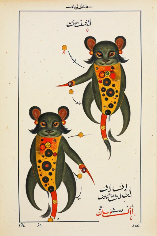 Strange mouse-monkey creatures with spots, Arabic symbols in background